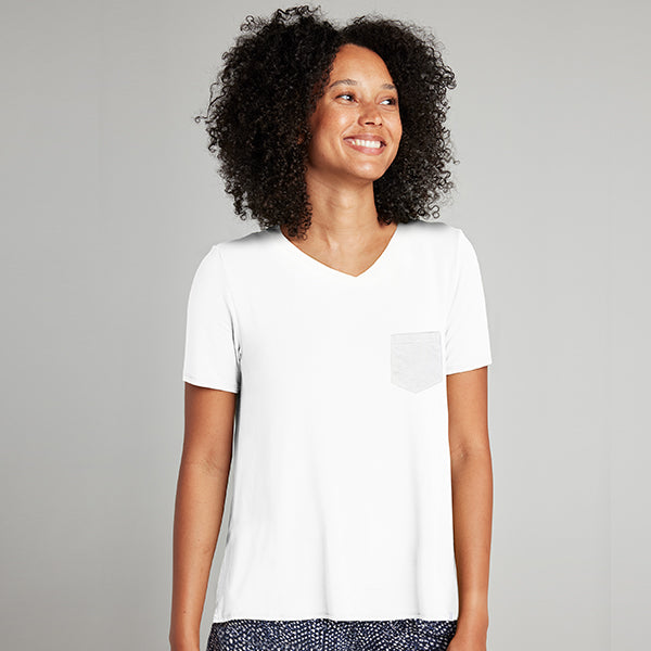 White v neck t shirt with pocket women's new arrivals